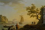 An Extensive Coastal Landscape with Fishermen Unloading their Boats and Figures Conversing in the Foreground by Claude-Joseph Vernet